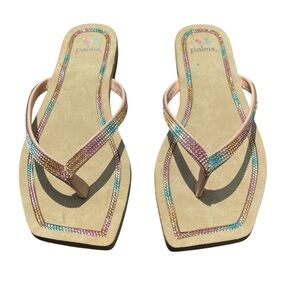 Palms Sandals Jeweled Thong Sz 7M Rainbow Square Toe Flip Flops Glitter Sparkle
